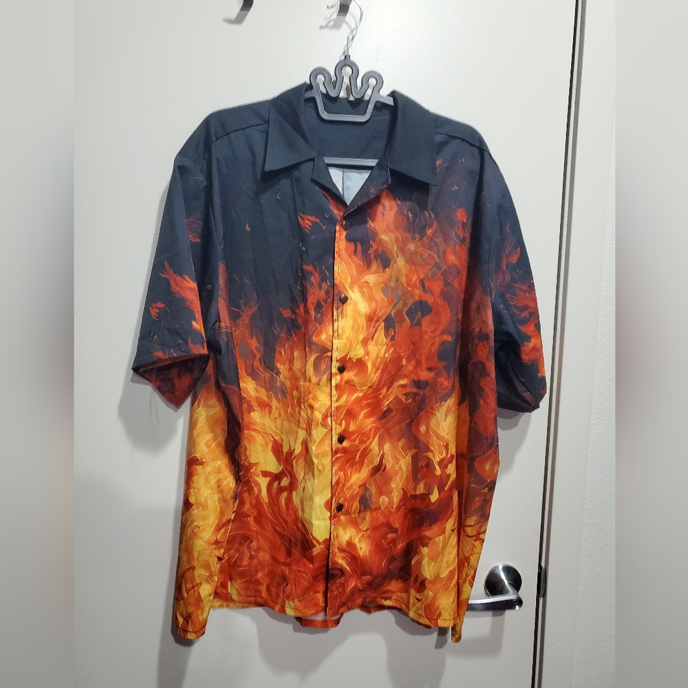 Men's Black and Orange Flame Shirt XXL